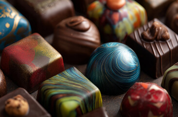 Indulge in exquisite gourmet chocolates, a luxurious assortment of artisanal confections bursting with rich flavors and vibrant artistry