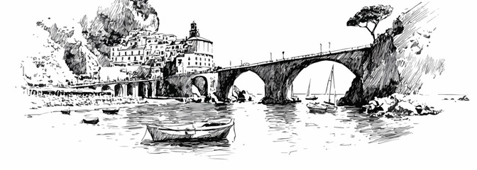 Ponte de pedra antiga sobre rio com barcos e vilarejo pitoresco em estilo de desenho à mão.