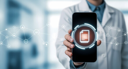 A medical professional holds a smartphone displaying a digital document, representing healthcare technology and data management in modern medicine.