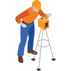 Construction worker wearing orange shirt blue pants and yellow hard hat using a laser level tool on a tripod for precise measurements outdoors on a clear day with a transparent background