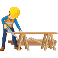 Construction worker wearing yellow hard hat and orange vest uses a hand saw to cut a wooden plank...
