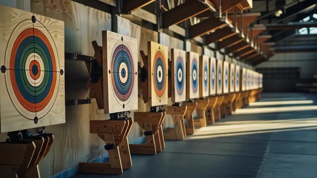 Row of colorful archery targets at an indoor shooting range, ready for practice.