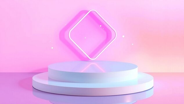 Pink neon rhombus shape glowing above a modern podium on a pastel background