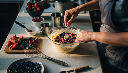 Top View of Hands Whisking Berry Batter for Baking in a Modern Kitchen