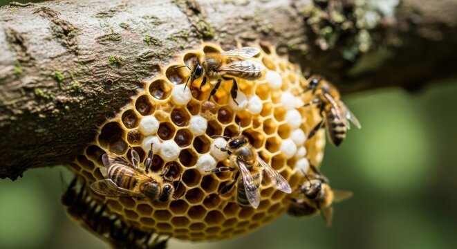 Honeybees diligently work on a hexagonal honeycomb structure attached to a tree branch, with some bees tending to larvae within the cells.