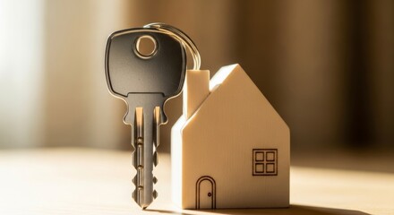 A silver house key with a miniature wooden house keychain rests on a wooden surface, symbolizing home ownership and new beginnings.
