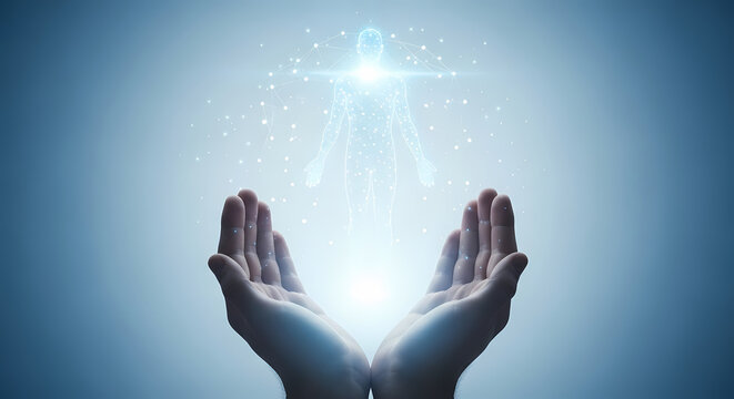 A person's hands cupped upwards, embracing a glowing, ethereal figure representing hope, spirituality, and connection in a digital, abstract composition.
