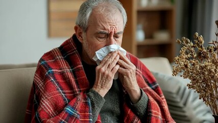 Senior man with a cold, wrapped in a blanket, blowing his nose indoors. - Powered by Adobe