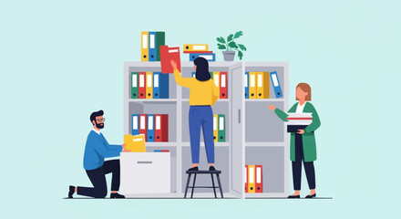 Team Organizing Files in Office Shelves.