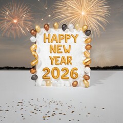 Happy new year 2026 celebration card illustration with gold fireworks and winter star design decoration vector for holiday greeting and xmas party eve text