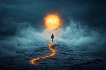 Mysterious Journey Towards Bright Sunlit Horizon with Ethereal Clouds and Volcano Landscape