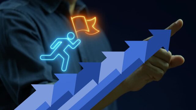 Businessman shows animated neon icon of a running man with a flag climbing upward arrows. Represents business progress, goal achievement, and a journey to success.
