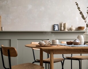 Invite warmth with this modern dining scene featuring stylish wood furniture, soft textures, and the inviting aroma of hot beverages perfect for cozy gatherings