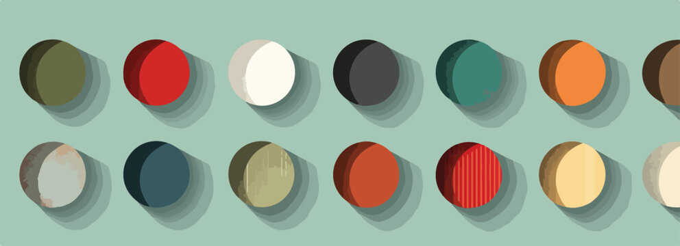 Vetor de c&iacute;rculos coloridos com sombras projetadas em fundo verde-&aacute;gua, representando paleta de cores.