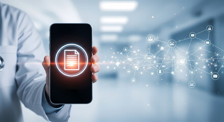 A doctor holds a smartphone with a medical record icon, symbolizing healthcare technology and digital patient data management in a modern hospital setting.