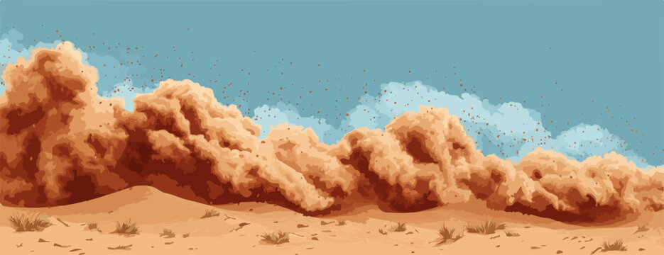 Vetor de nuvens de poeira laranja soprando sobre uma paisagem &aacute;rida sob um c&eacute;u azul