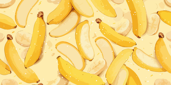 Padr&atilde;o de vetor de bananas amarelas inteiras e descascadas em um fundo claro, arte digital