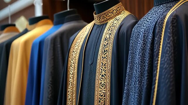 Elegant traditional robes with intricate gold embroidery on display.