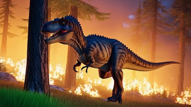A dinosaur standing in a forest with fire burning in the background on a sunny day scene render dinosaur video