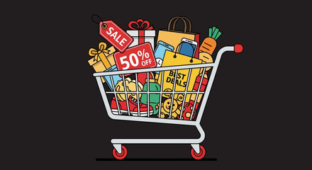 Flat vector of shopping trolley filled with sale products, bold outline, dark-themed background