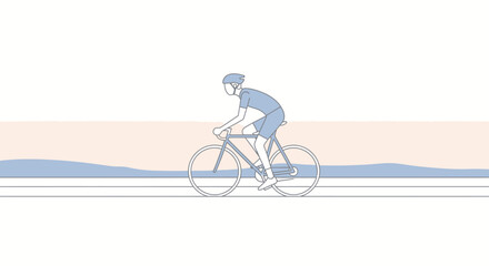 Flat minimalist illustration of cyclist riding on open road, side view, soft pastel color background