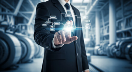A businessman in a suit interacts with a digital interface, representing technology and innovation within an industrial setting, showcasing modern business.