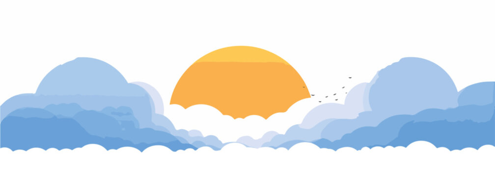 Sol nascendo atr&aacute;s de nuvens azuis com p&aacute;ssaros voando ao longe, ilustra&ccedil;&atilde;o vetorial minimalista.