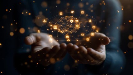 Hands cradling a glowing network of icons, symbolizing interconnectedness and digital communication - Powered by Adobe