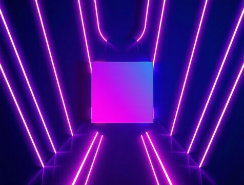 Abstract neon geometric tunnel with glowing purple and pink lights