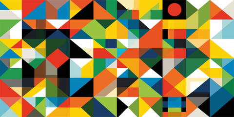 Padr&atilde;o geom&eacute;trico abstrato com formas triangulares e quadradas em cores vibrantes, vetor moderno.
