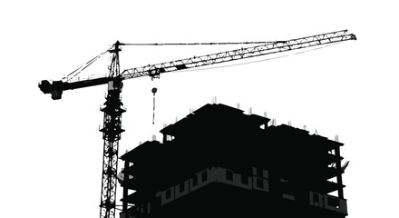 A stark silhouette of a towering construction crane working alongside a developing urban building, symbolizing progress and architectural ambition against a minimalist backdrop.