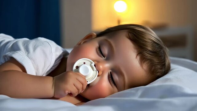 Sweet baby sleeping soundly with a pacifier in a cozy bed at nighttime.