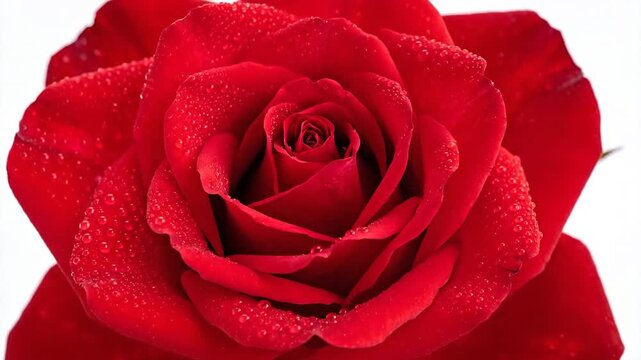 Closeup of a vibrant red rose with delicate water droplets on its petals symbolizing love and beauty.