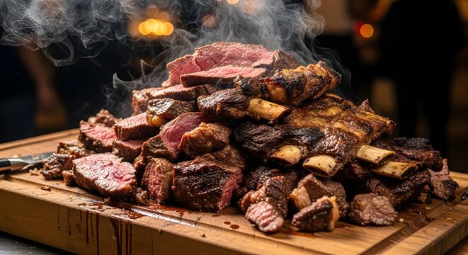 Impressive Mixed Grill Platter of Asado: Stacked Beef Steaks and Short Ribs on a Wooden Board, Perfect for a Parrillada Feast.