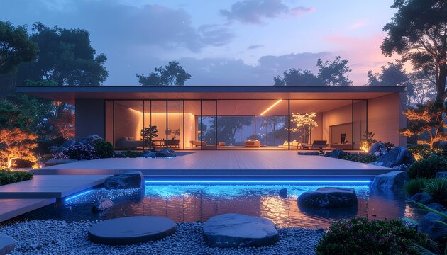 Experience tranquil luxury in this modern home with a serene garden and glowing pool, perfect for peaceful evenings and sophisticated living