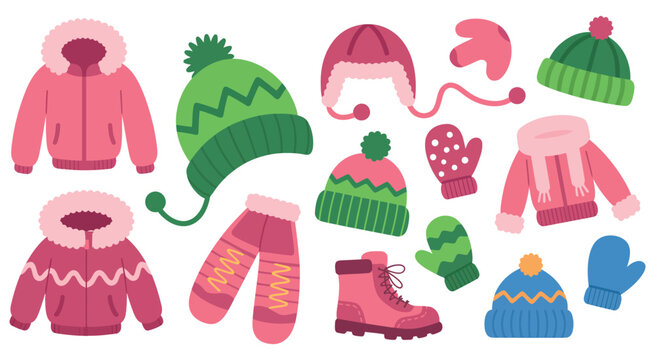 Cozy winter apparel with hats gloves and jackets in vibrant colors for seasonal fashion design