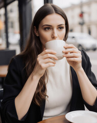 A pretty woman is drinking a cup of coffee, generative ai