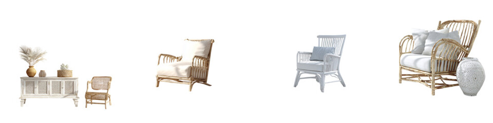 Coastal Living Room Furniture Collection: Rattan Armchairs, Wicker Sofa, and Whitewashed Console Table for a Relaxing Beach House Aesthetic with a Touch of Bohemian Style