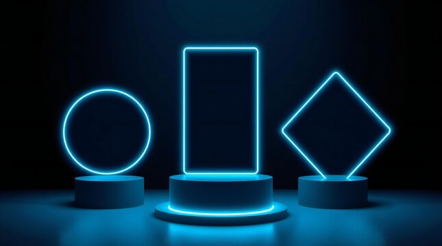 Futuristic neon geometric shapes on dark background with blue light