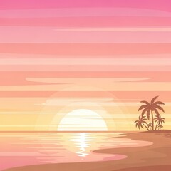 Vibrant tropical seaside scene depicts a sun setting over the tranquil ocean water