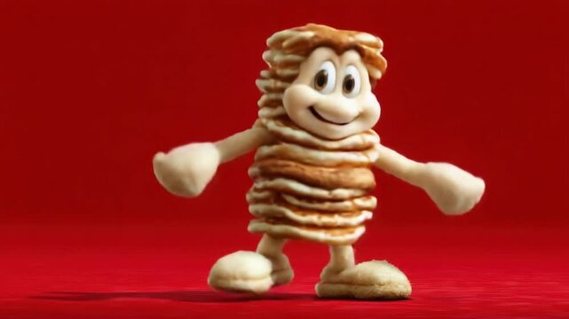 A smiling pancake-man character with arms and legs, a stack for a body on a red background
