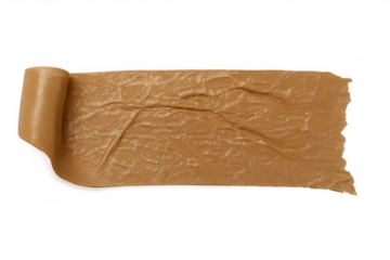 Crumpled brown adhesive packing tape piece with sticky back, torn edge, and rolled end on a transparent background