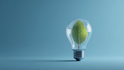 Simple 3D illustration of a light bulb with a green leaf growing inside, symbolizing eco-friendly electricity, on a blue background.
