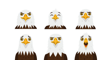 Fototapeta premium A collection of cartoon bald eagle heads displaying a range of emotions, from angry and happy to sad and surprised, on a white background.