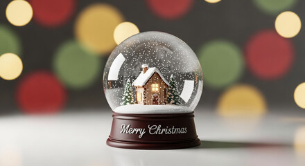 Christmas snow globe with cozy house and trees inside against bokeh lights background holiday scene on white background