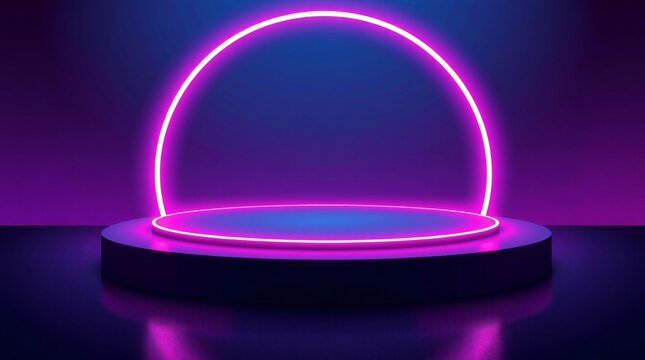 Futuristic neon archway and pedestal with purple and blue glow - Powered by Adobe