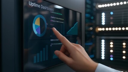 Uptime dashboard monitoring analytics chart pie graph trend visualization of fiber optic technology performance touchscreen server room data center - Powered by Adobe