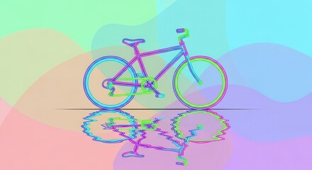 Fototapeta premium Stylized outline of a bicycle reflects on a rippled surface against a colorful pastel background