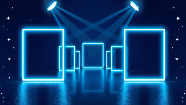 Abstract neon blue rectangles in a dark futuristic tunnel with spotlights