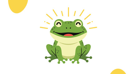 Fototapeta premium A cheerful green cartoon frog smiles widely with closed eyes, radiating positive energy with yellow light beams above its head.